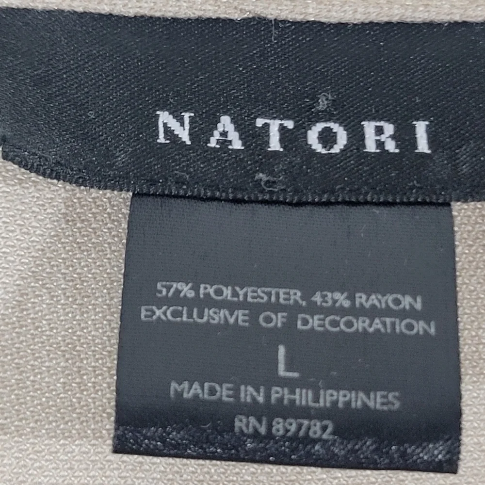 NATORI tan 'V' neck sleeveless long maxi nightgown sleep dress teal trim Large